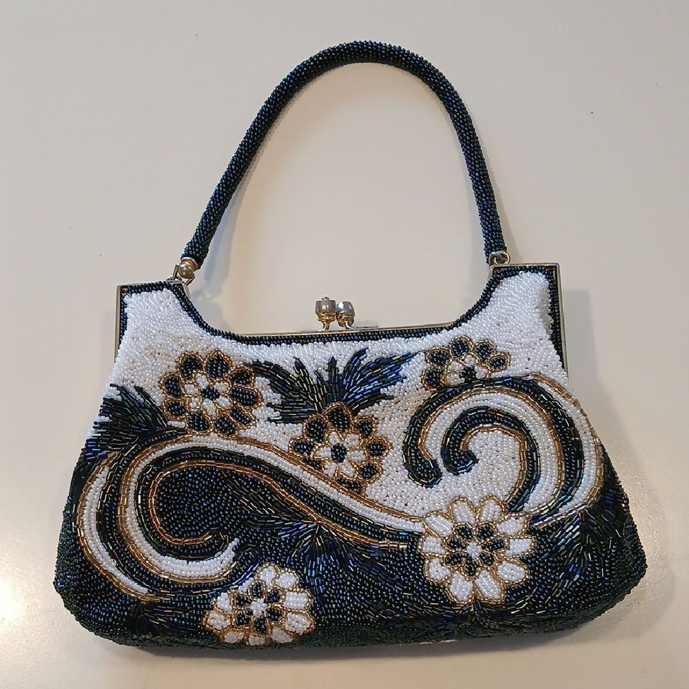 VINTAGE  Elegant Beaded Evening/Special Occasion bag - Dark Green and White